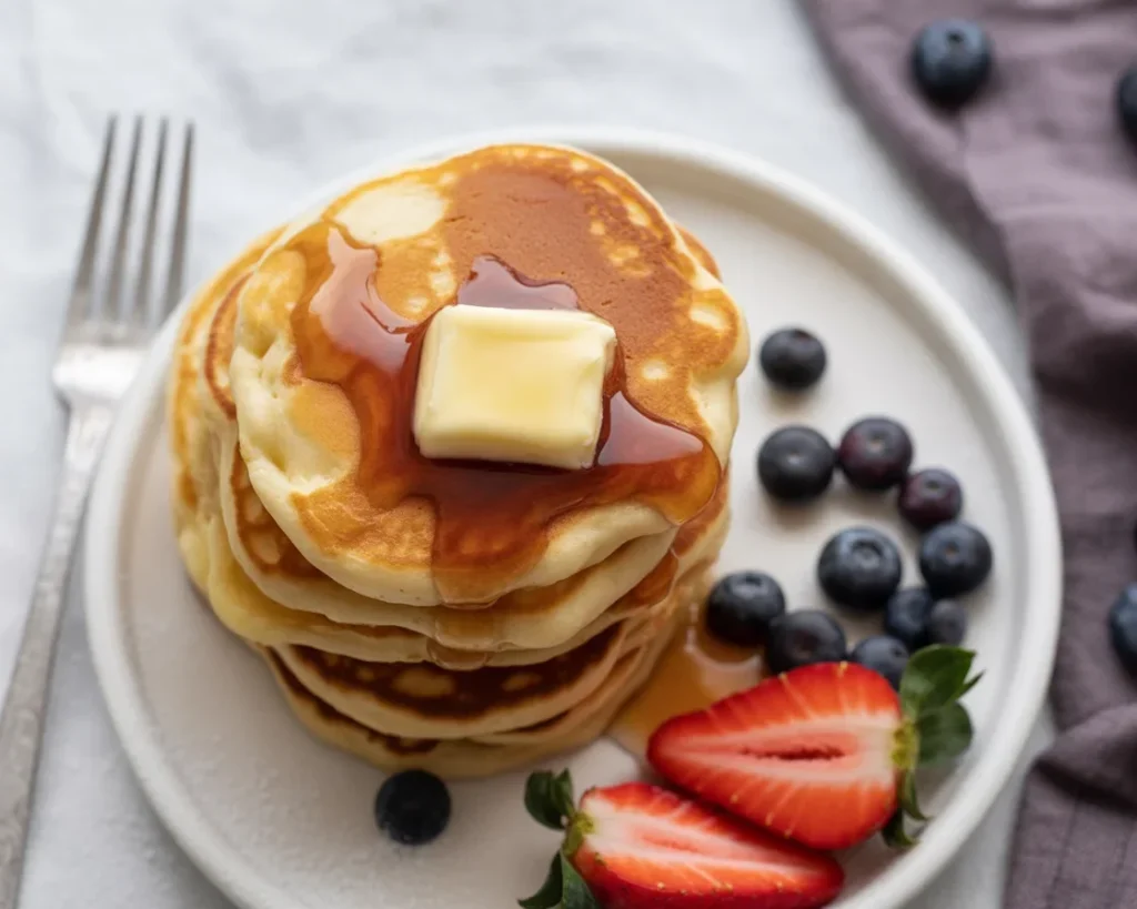 Fluffy gluten free pancakes topped with syrup and fresh berries on a plate.