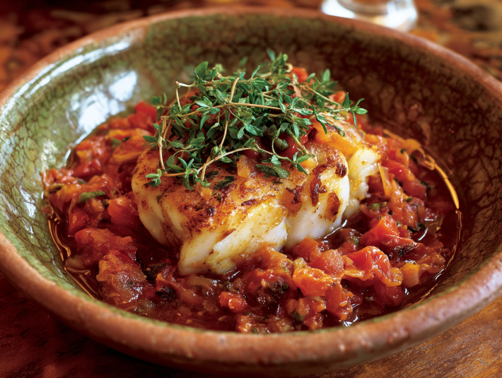 Olive-Oil Poached Cod with Tomato-Olive Ragù