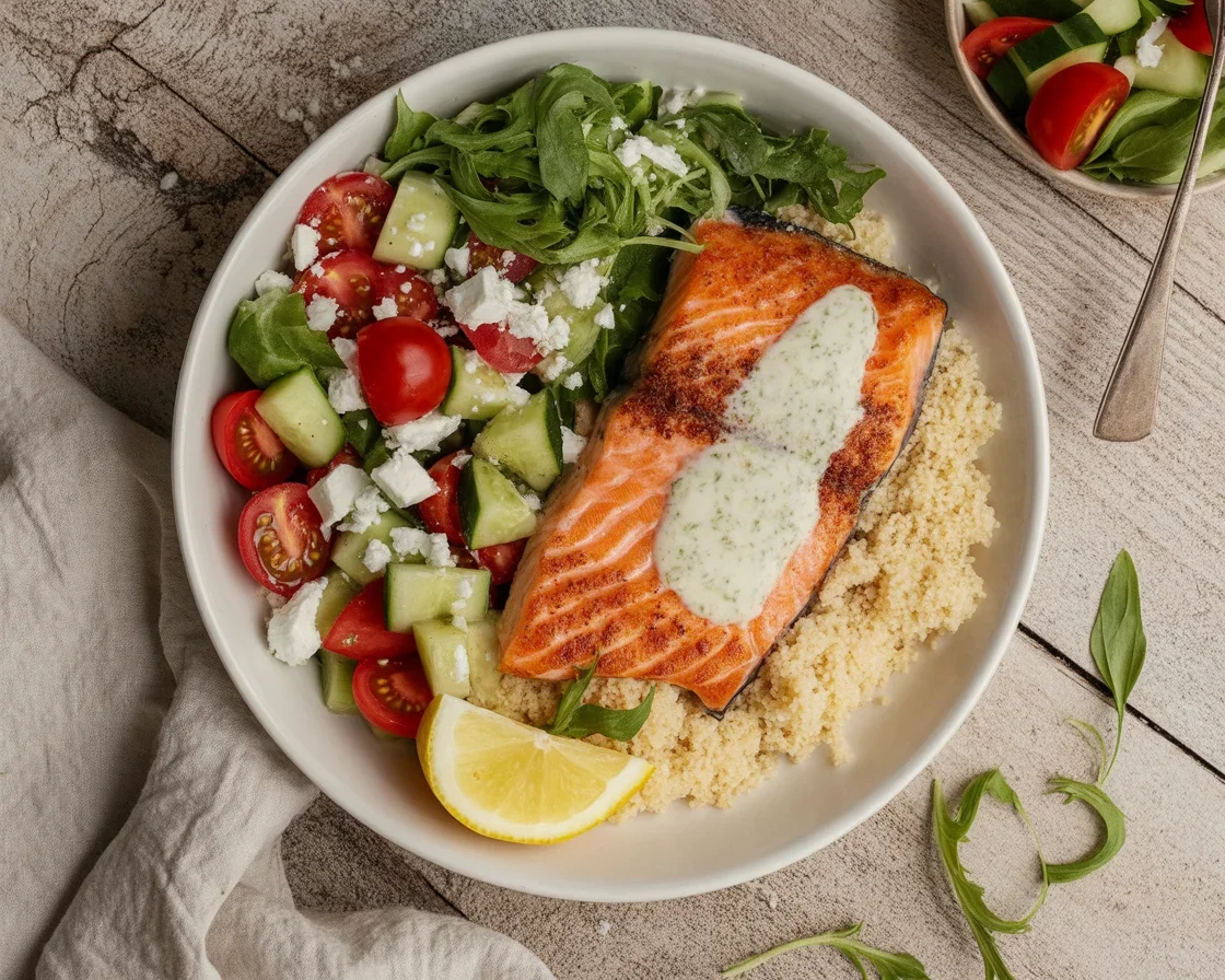 Mediterranean salmon with lemon, olives, and cherry tomatoes prepared in 30 minutes.