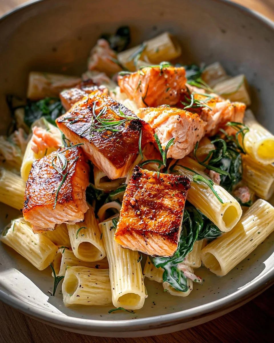 Delicious Salmon Spinach Pasta served with creamy sauce and fresh ingredients