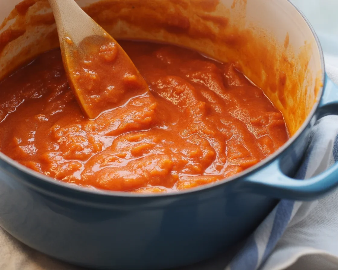 Homemade tomato sauce made from fresh tomatoes with ingredients like garlic and olive oil.