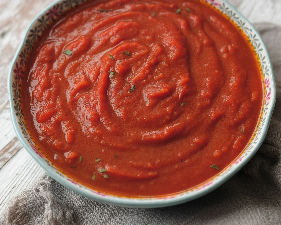 Homemade spaghetti sauce made with fresh tomatoes, garlic, and spices in a pot.