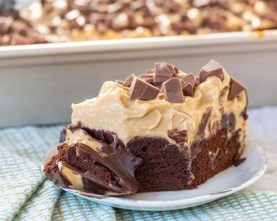 Delicious Reese's Peanut Butter Cake with chocolate layers and creamy frosting.