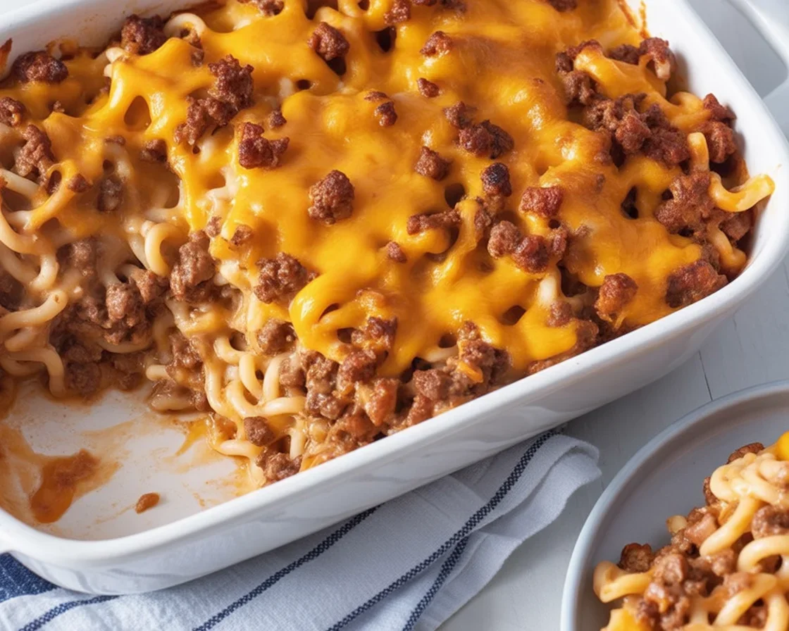 Delicious Grandma's Hamburger Casserole with ground beef, egg noodles, and cheese
