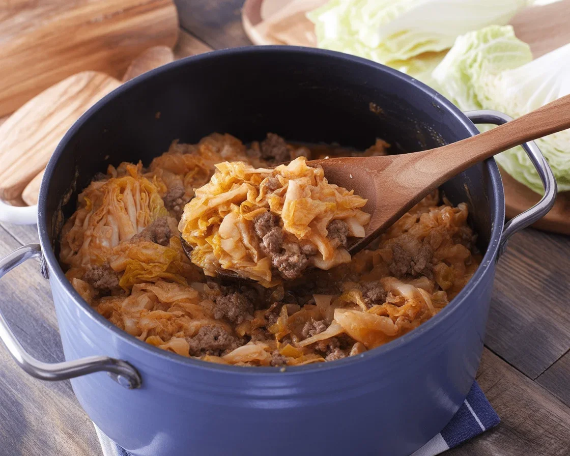 Delicious ground beef and cabbage dish in a skillet with onions and tomatoes.