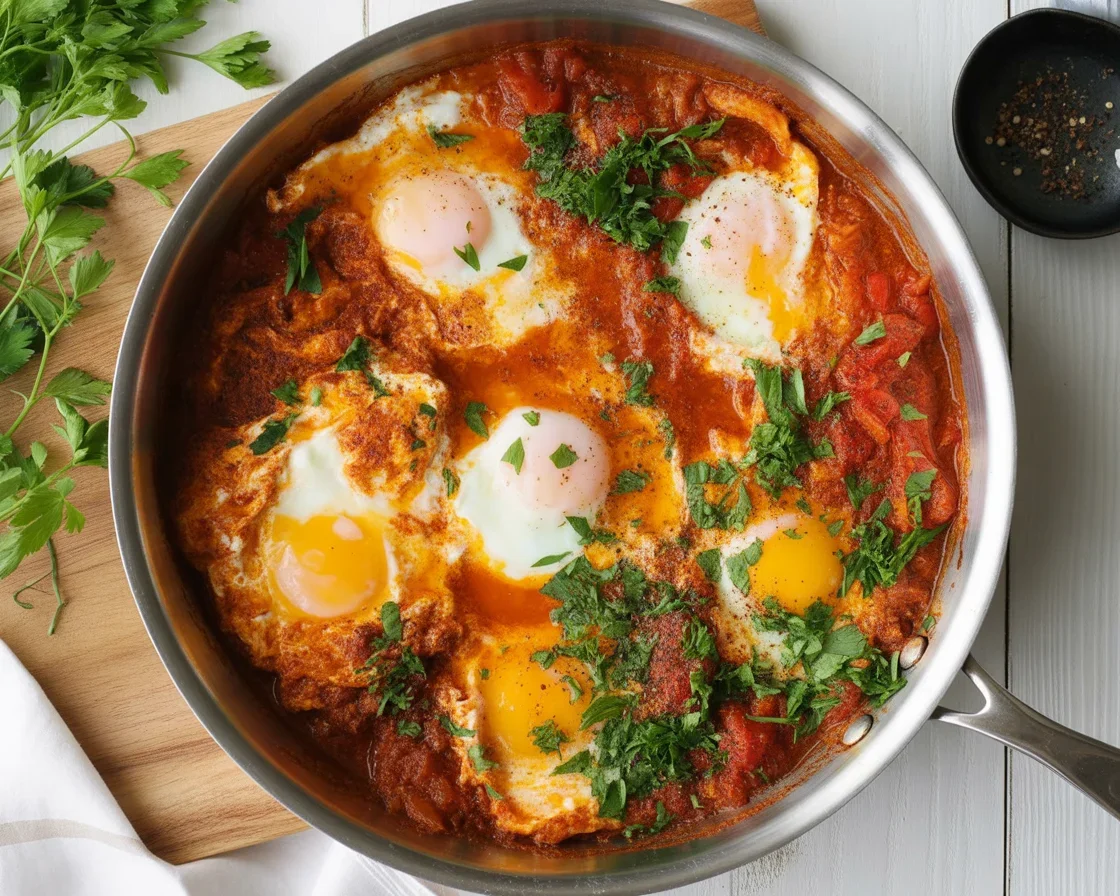 Plate of shakshouka with poached eggs in spicy tomato and bell pepper sauce.