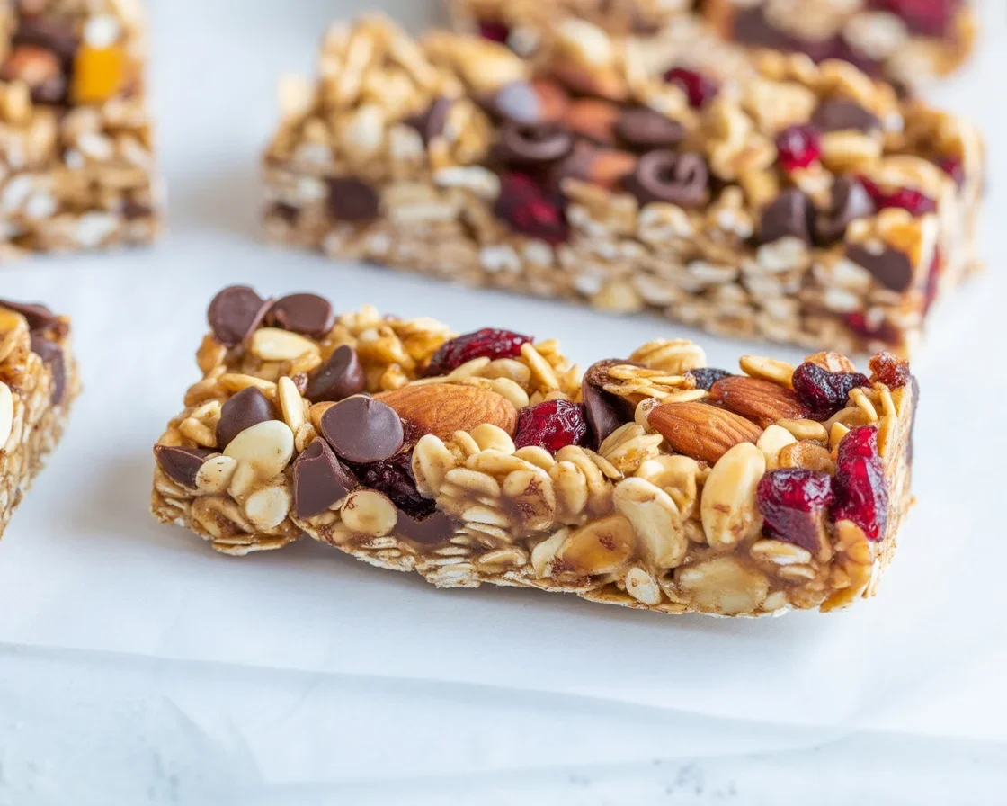 Healthy chewy granola bars made with oats, peanut butter, and chocolate chips.