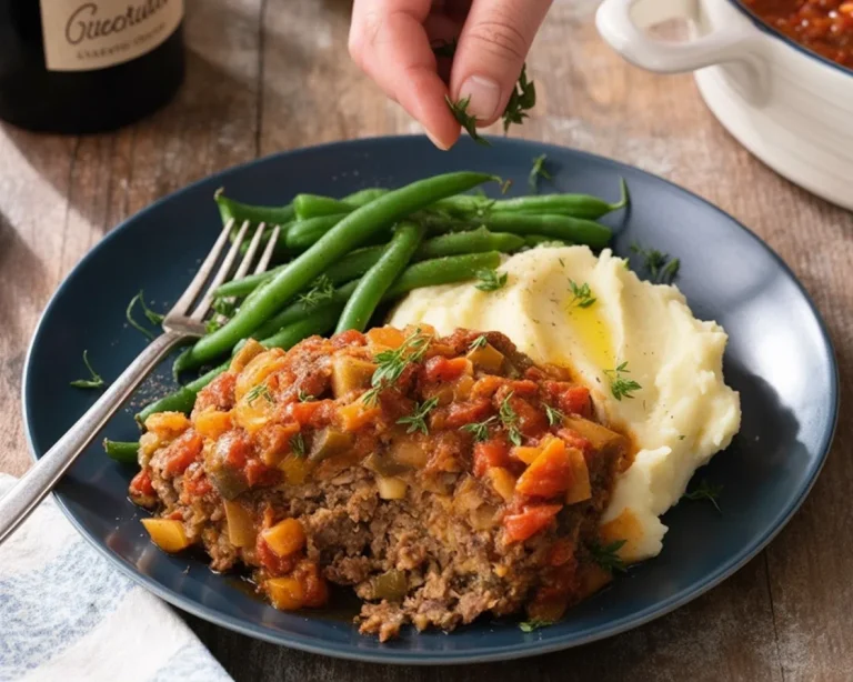 Delicious Swiss Steak braised in tomato gravy, served with vegetables and rice.