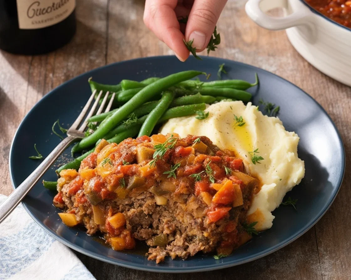 Delicious Swiss Steak braised in tomato gravy, served with vegetables and rice.