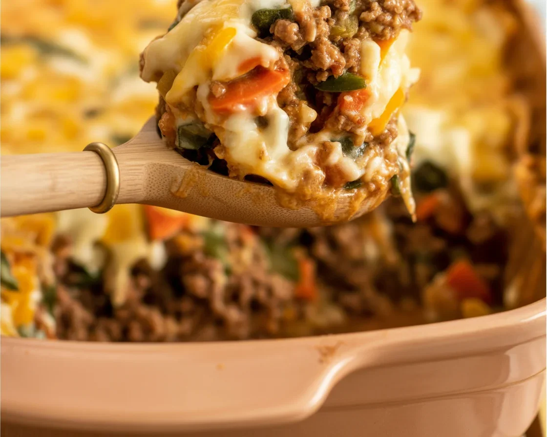 Delicious John Wayne Casserole with layers of ground beef, cheese, and fresh veggies.