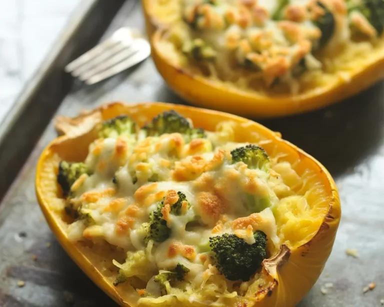 Baked Cheesy Broccoli Cheddar Spaghetti Squash with cheese and broccoli filling.