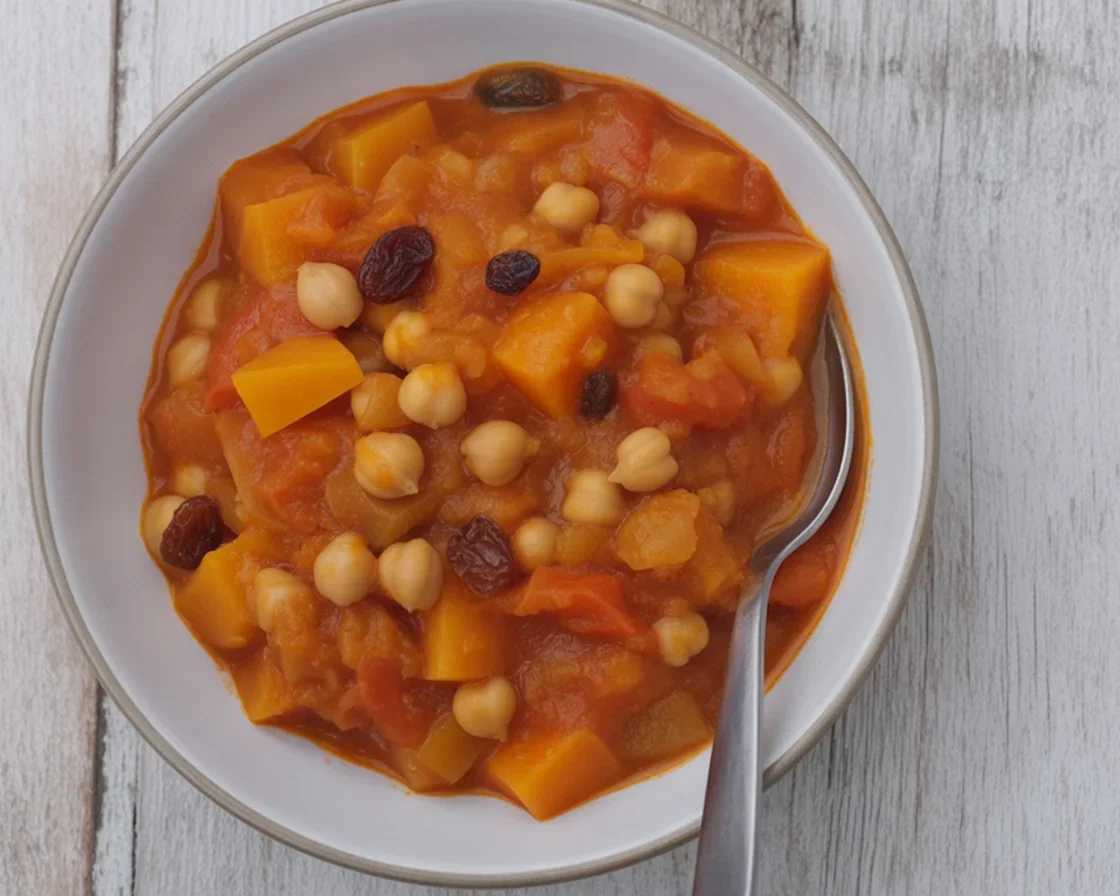 A bowl of Moroccan Butternut Squash & Chickpea Stew garnished with herbs.