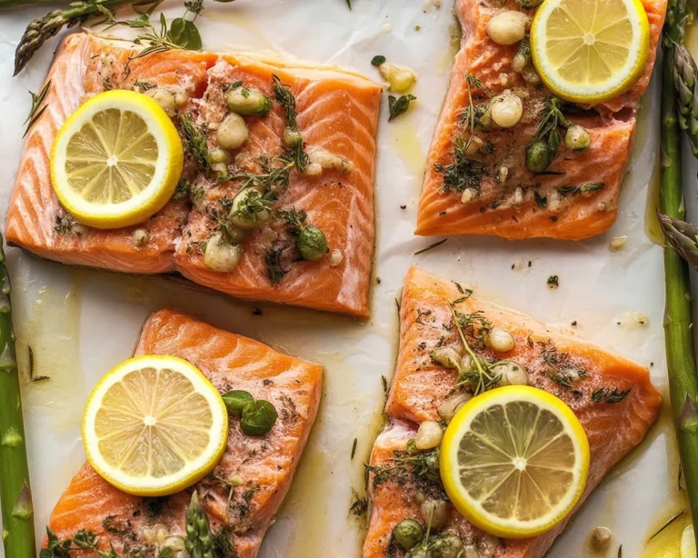 Oven Baked Salmon II with olive oil, lemon, and herbs garnished on a platter.