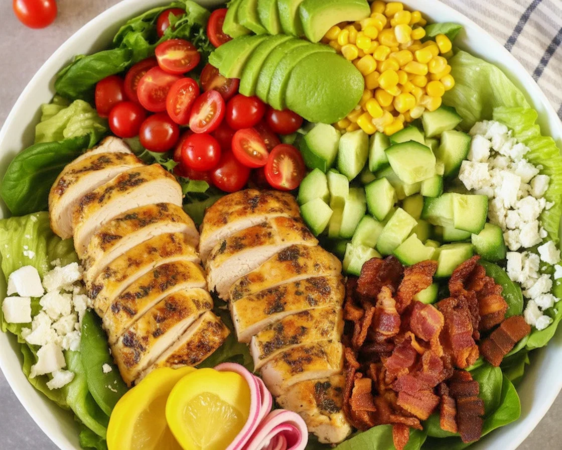 A vibrant grilled chicken salad with fresh vegetables, avocado, and grilled chicken.