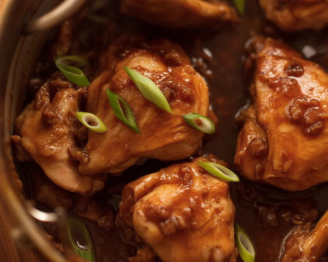 Delicious Filipino Chicken Adobo with a rich soy sauce and vinegar glaze served with rice.