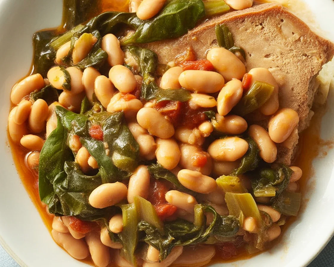Delicious Mediterranean White Beans & Greens with tomato sauce and parmesan cheese.