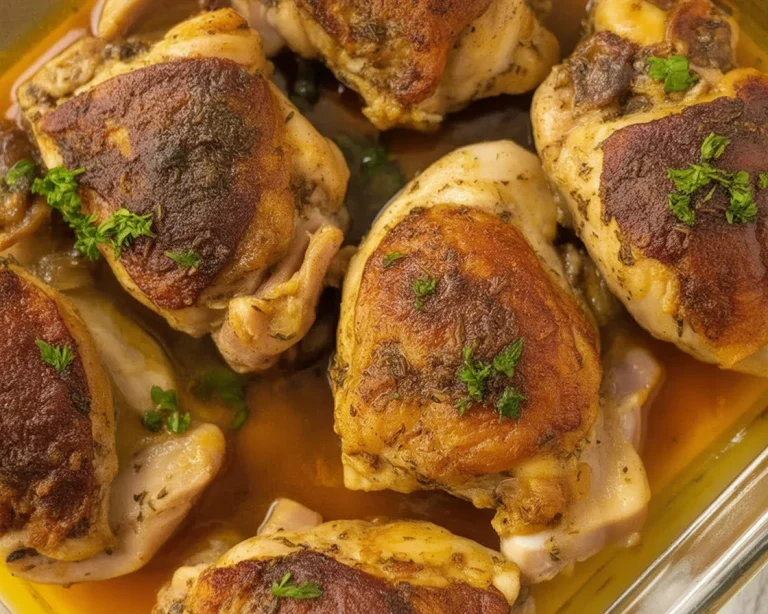 Crispy oven baked chicken thighs with a simple spice rub on a baking dish.