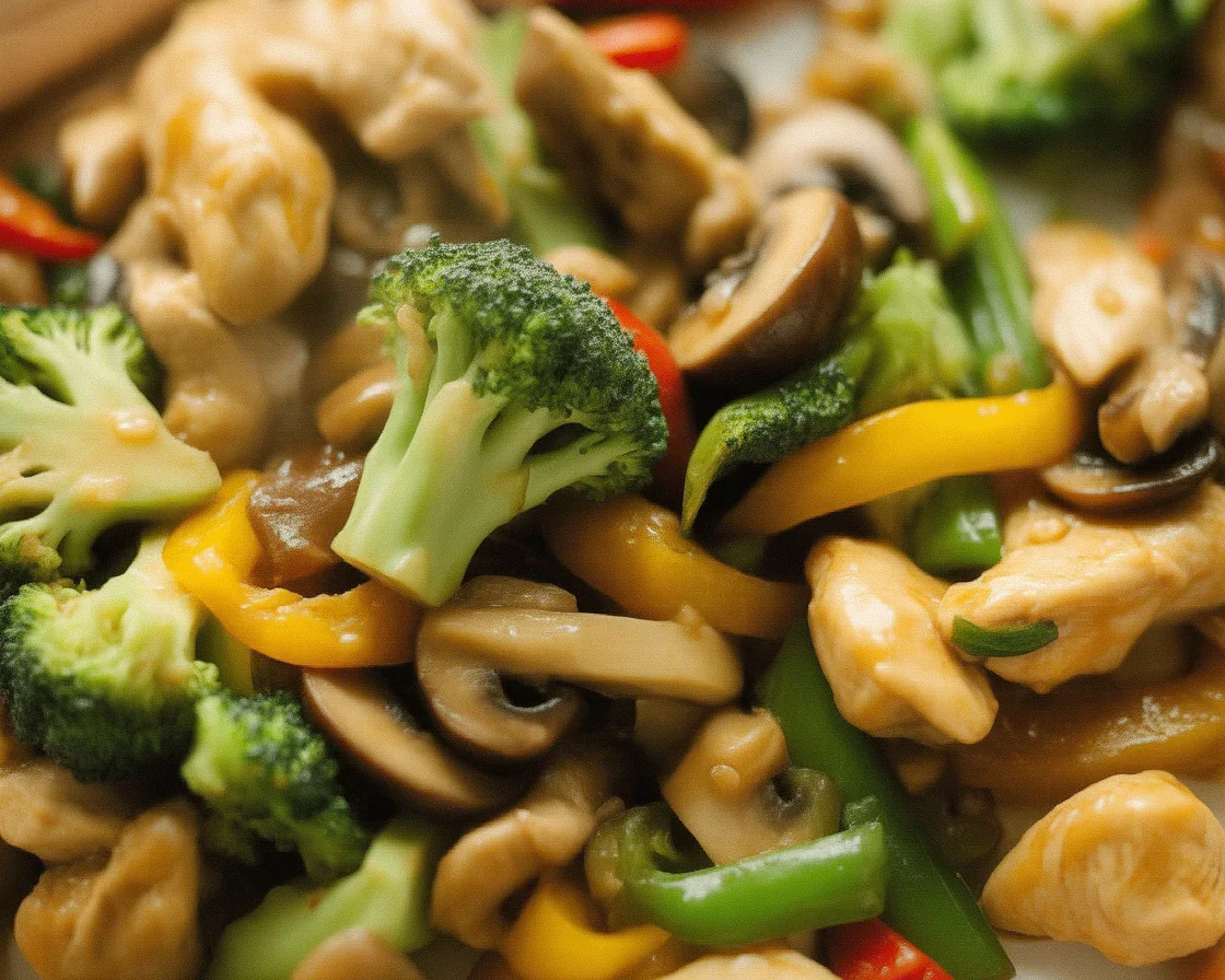 Delicious Garlic Chicken Stir-Fry with vegetables in a savory garlic sauce.