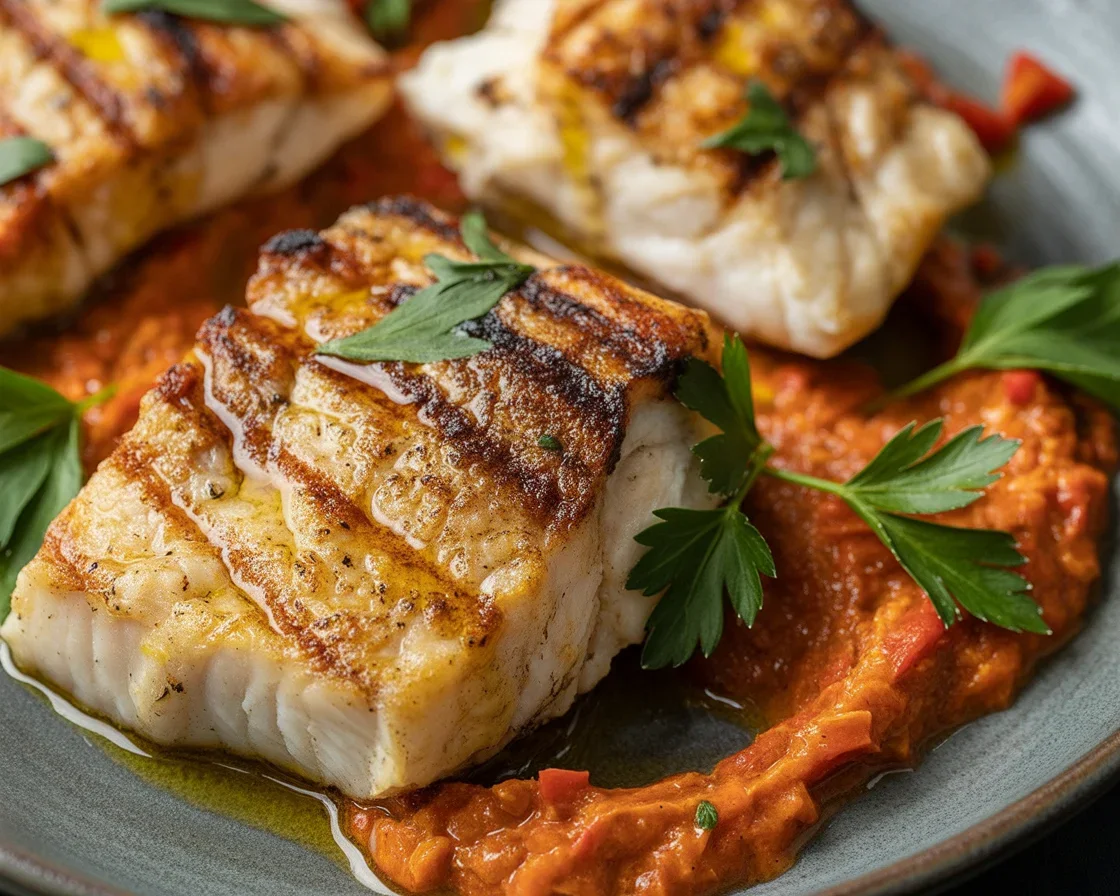 Grilled cod served with rich romesco sauce made from roasted red peppers and almonds.
