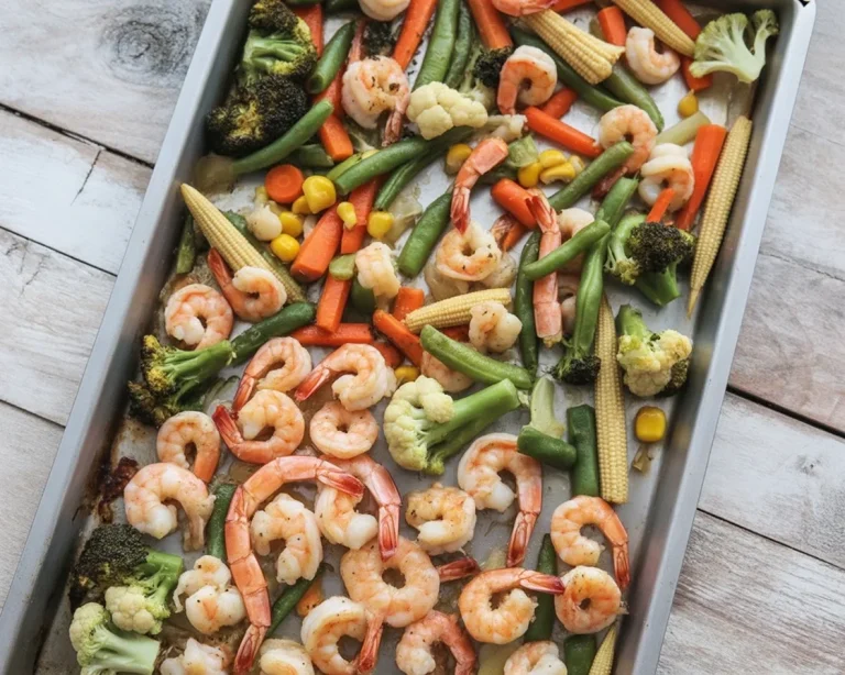 Sheet-Pan Garlicky Shrimp & Veggies cooked to perfection on a baking sheet.