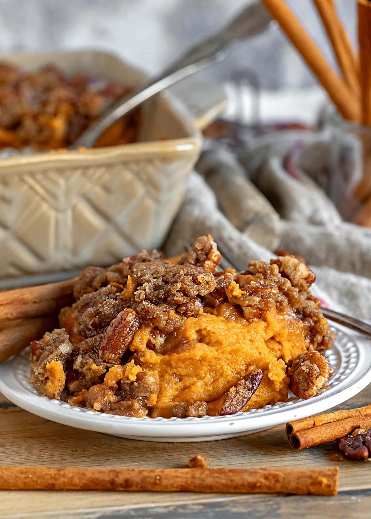Delicious sweet potato casserole topped with crunchy streusel
