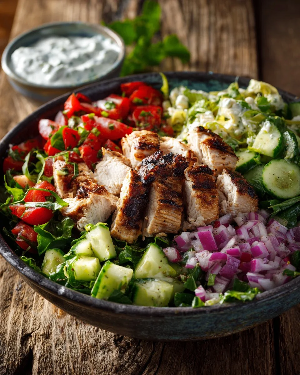 A vibrant Greek Chicken Bowl filled with grilled chicken, veggies, and tzatziki sauce.